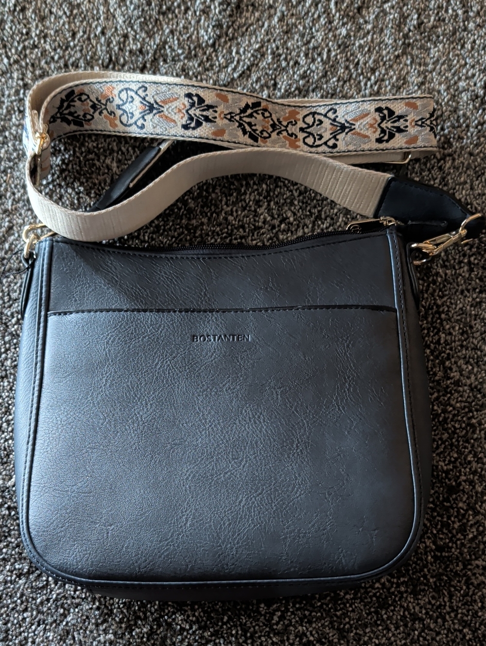 BOSTANTEN Navy Faux Leather Crossbody Bag with Embroidered Strap